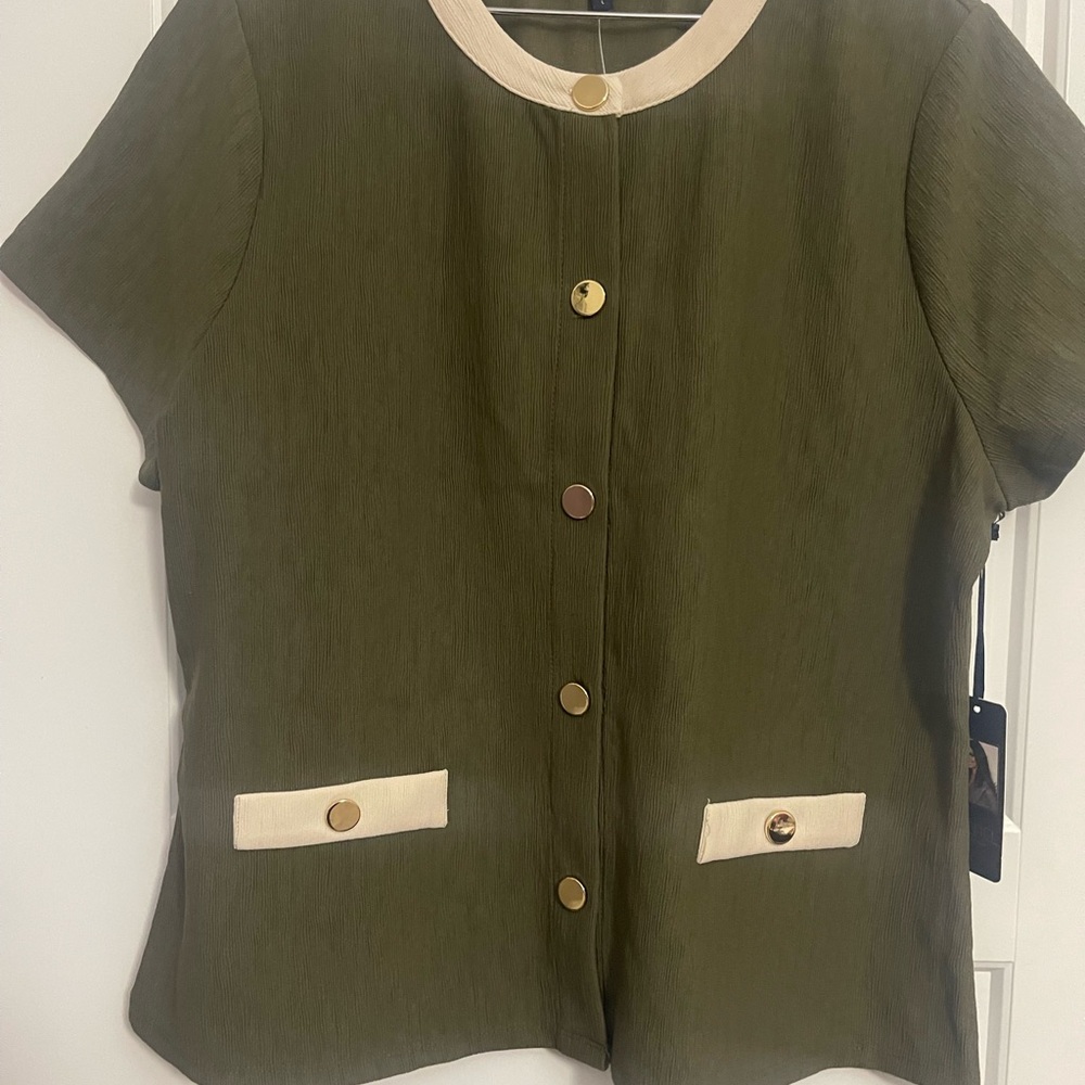 Olive Green Short Sleeve Button-Up Top